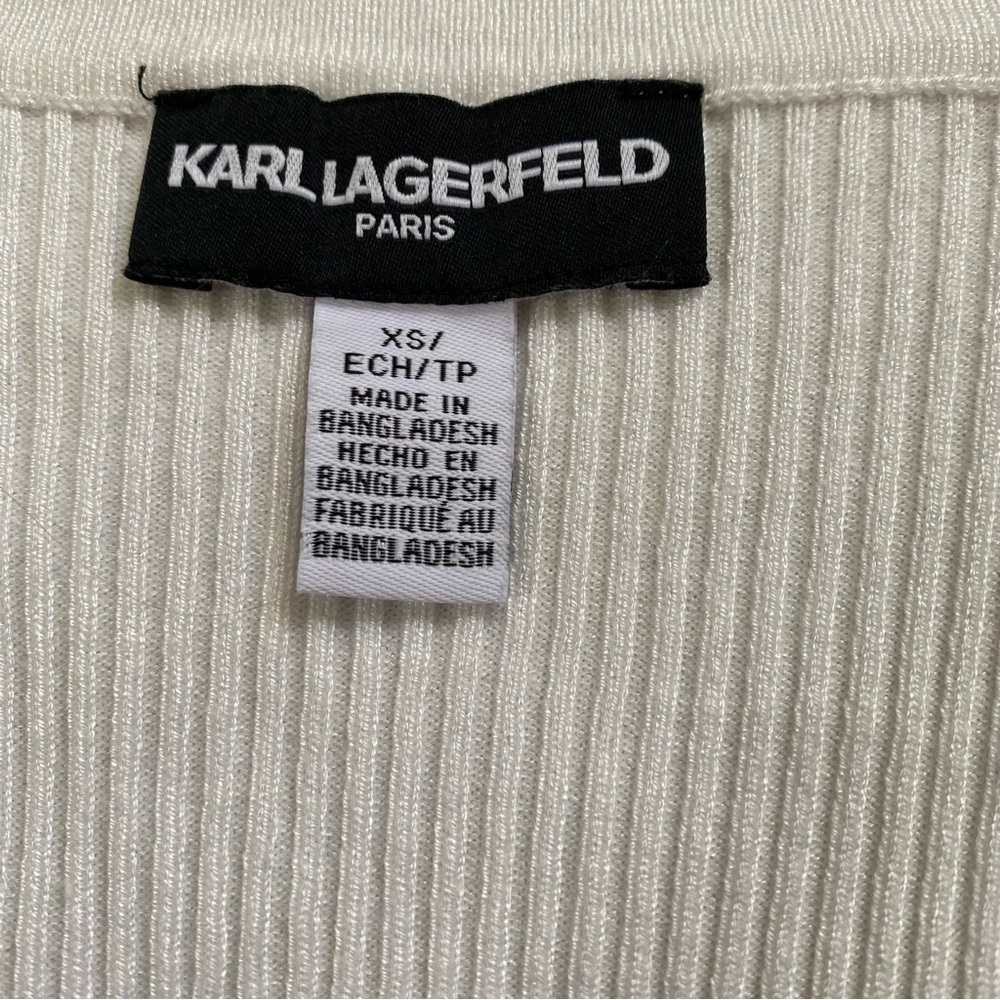 Karl Lagerfeld Paris Long Cardigan Ribbed White/Black Sweater Side Arm Logo XS - Picture 8 of 8